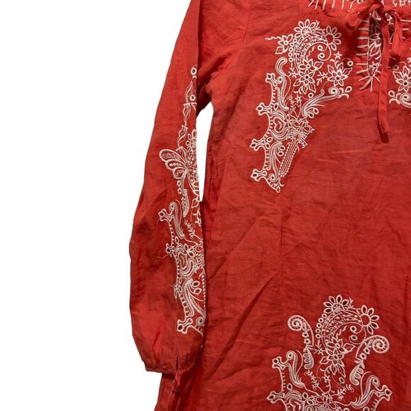 Monoreno Embroidered  100 % Linen Peasant Blouse Long Sleeve Salmon Red Small - Picture 3 of 15